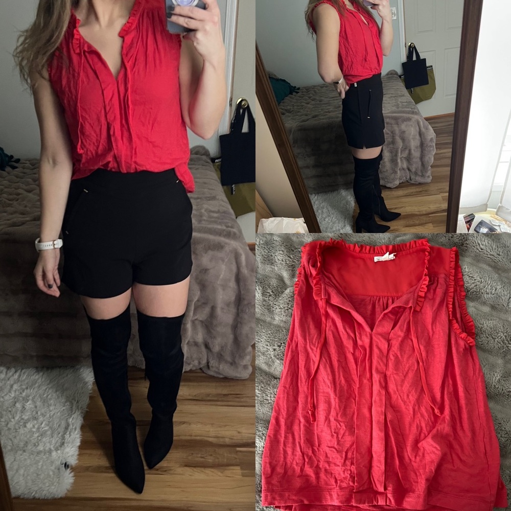 Anthropologie Red Ruffle Detail Tie Neck Top Xsp